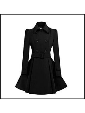 Wool Blend Pea Coat Double-Breasted Swing A-Line Belted Winter Overcoat